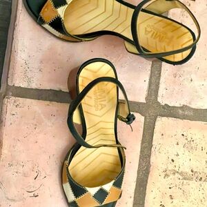 Fabulous block heel sandals. Neutral patchwork design is extra fun.